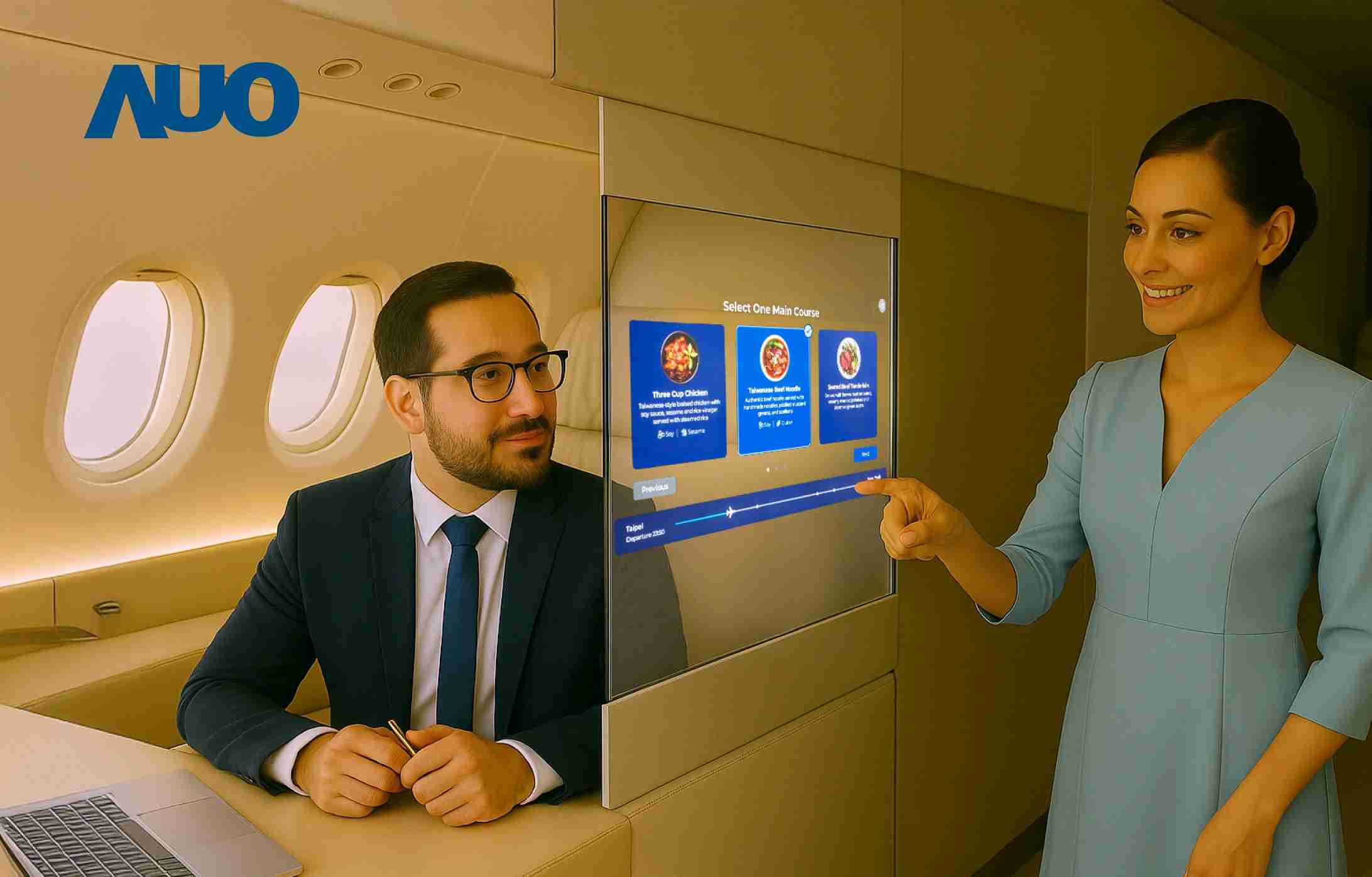 彩运网研发全球最薄17.3 吋双面透明 Micro LED 显示器，，，可在同一屏幕之双边投射不同信息，，创造独特的”透明化”互动；图为实时翻译交流应用情境